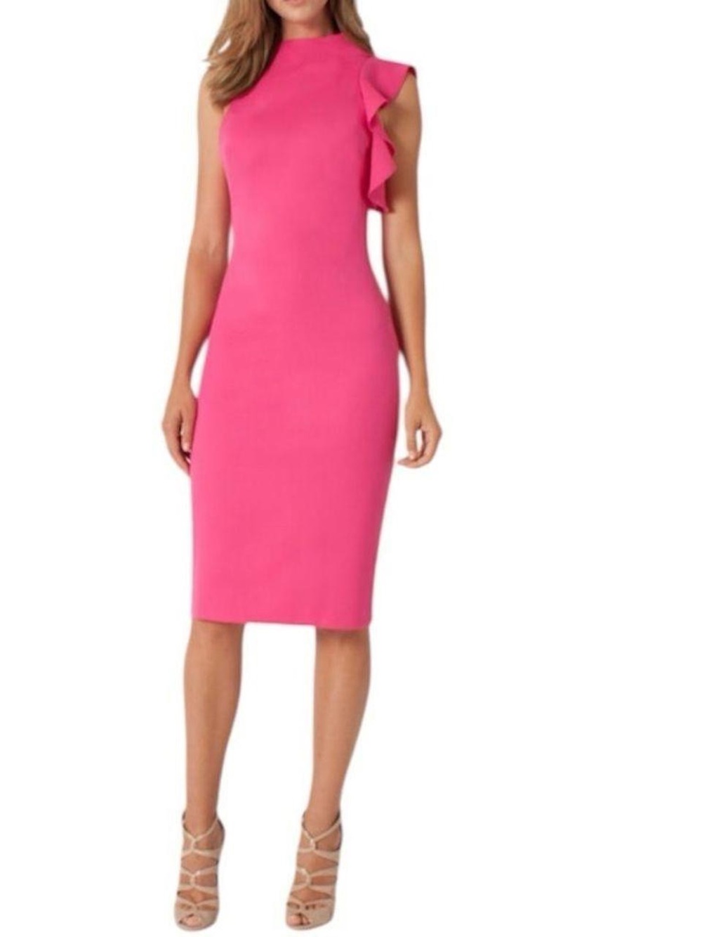 Black Halo Hot Pink One-Shoulder Ruffle Sheath Midi Dress